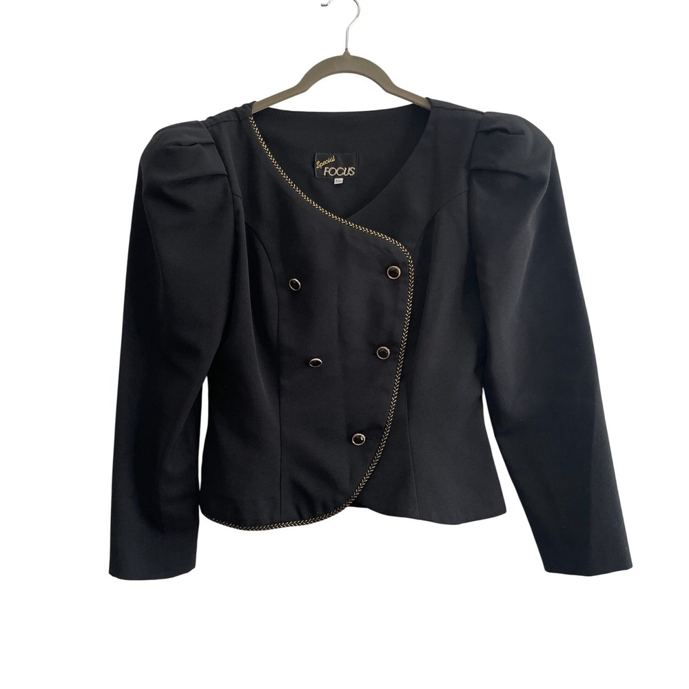 Vintage Special Focus Black Puff Shoulder Blazer Gold Trim Size 9/10